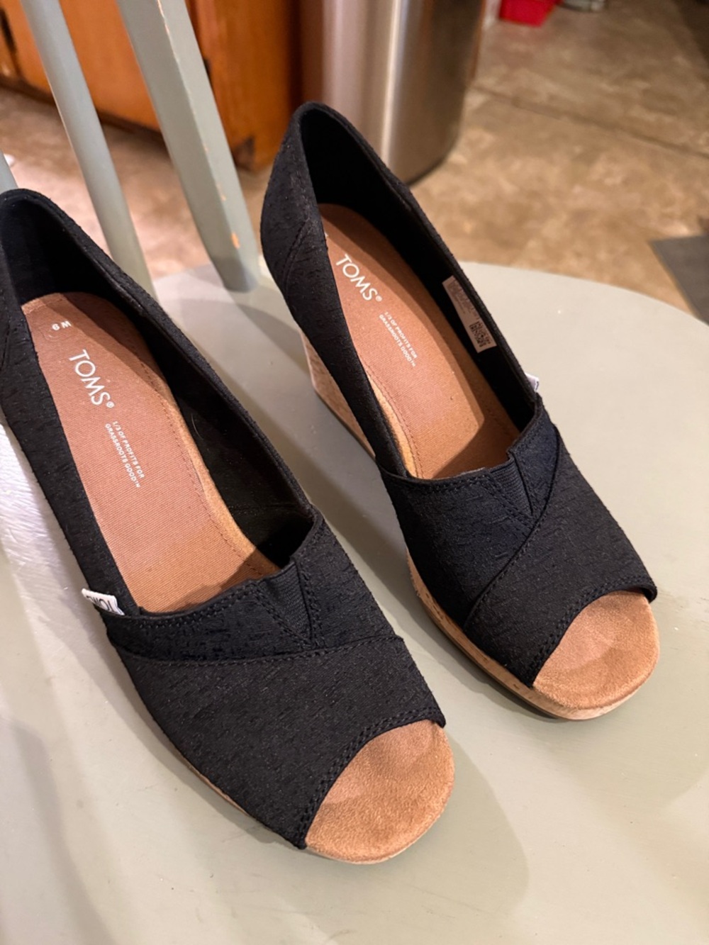 Toms Black Open-Toe Canvas Wedge Espadrilles